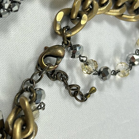 Chunky Beaded Multi Stone Retro Look Two Tier Necklace 14-16" Gold Tone Chain - Picture 6 of 10